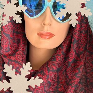 Red navy vintage silk paisley fringe scarf Italy 23.5” x 50”-Codes label lux